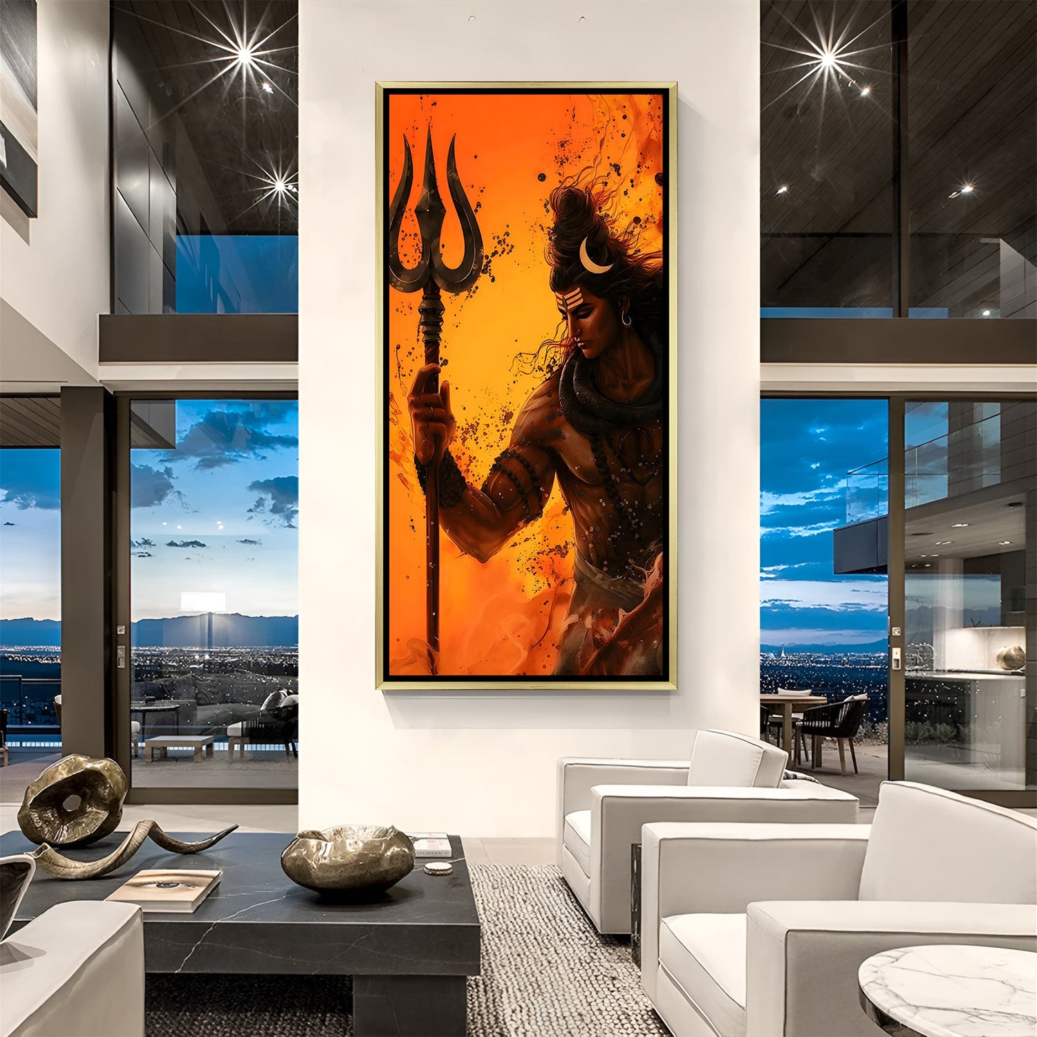 Rudra warrior Shiva canvas wall art with golden floater frame luxury Hindu decor India