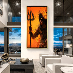 Rudra warrior Shiva canvas wall art with golden floater frame luxury Hindu decor India