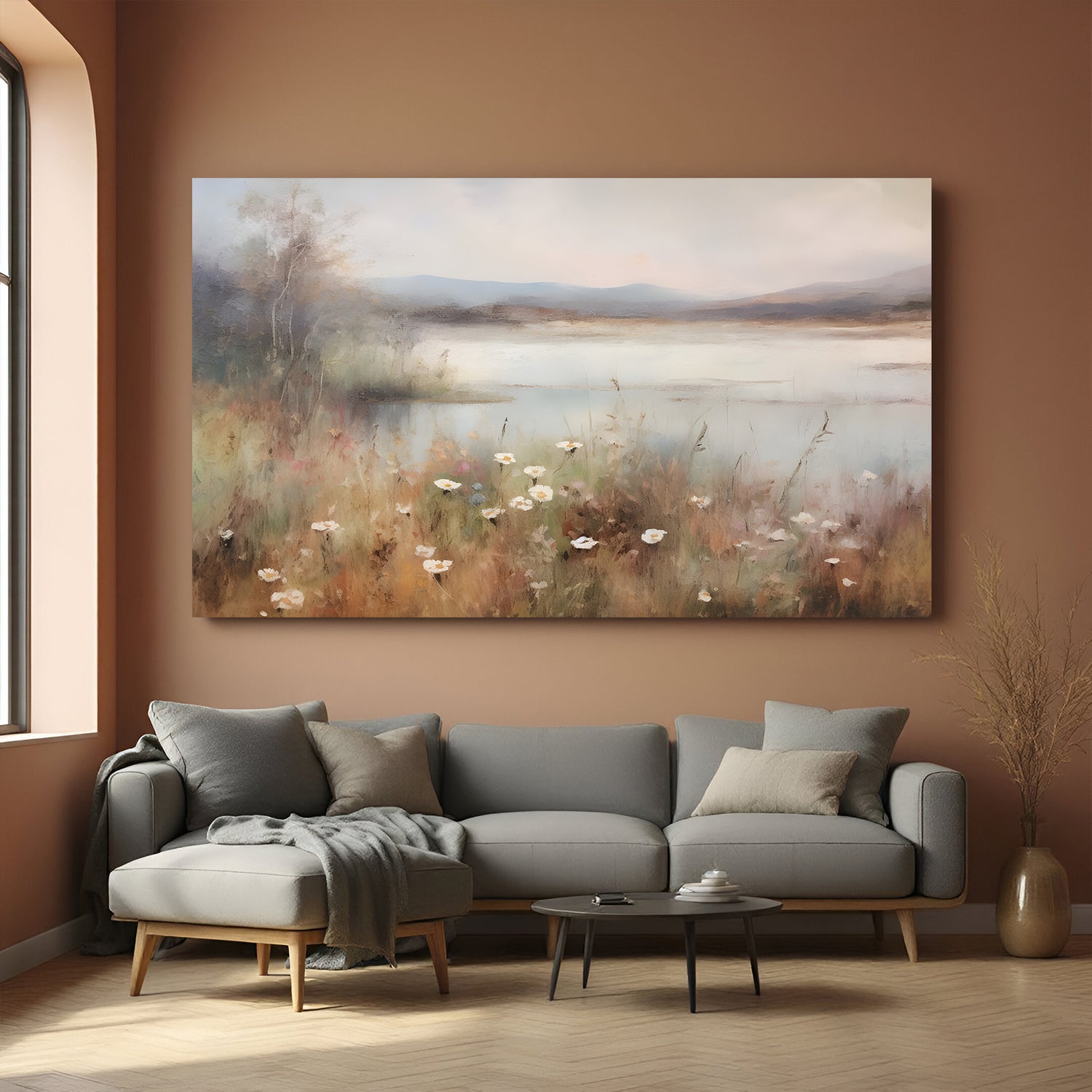 Vintage canvas wall art with rustic flowers and pond in background—ancient nature scene painting