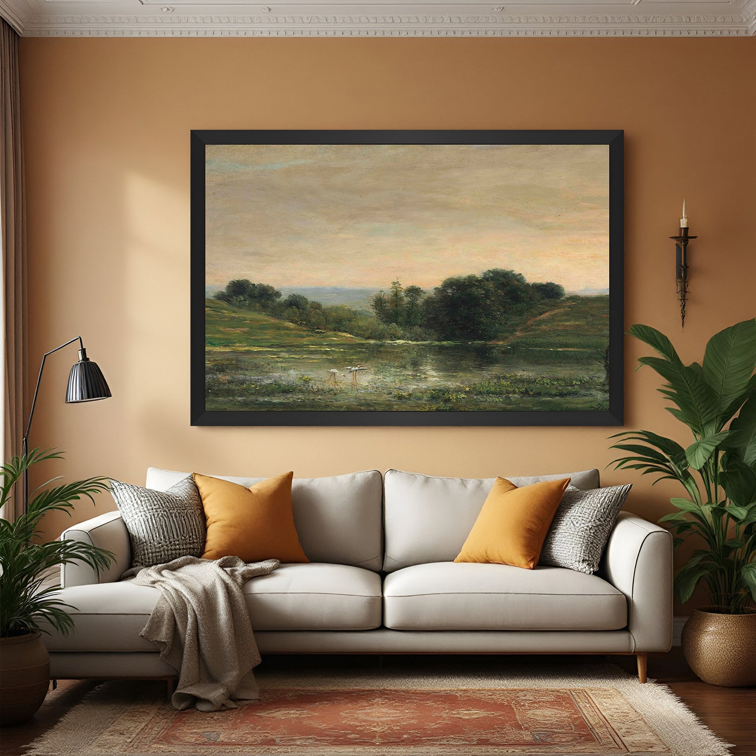 Black-framed canvas print of rustic landscape with green fields and weathered canvas look—vintage wall art