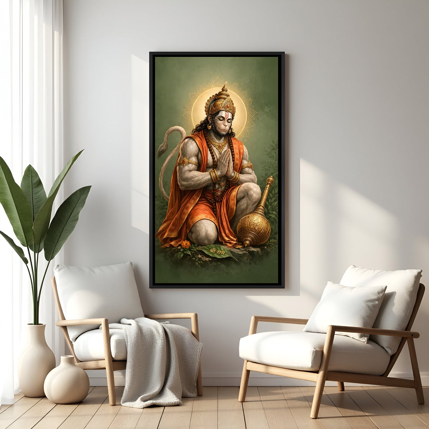 Hanuman Ji blessing artwork with radiant yellow halo in elegant black floater frame