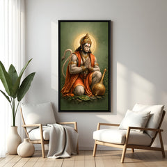 Hanuman Ji blessing artwork with radiant yellow halo in elegant black floater frame