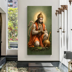 Lord Hanuman seated with blessing hand gesture and golden halo in premium canvas wrapped frame