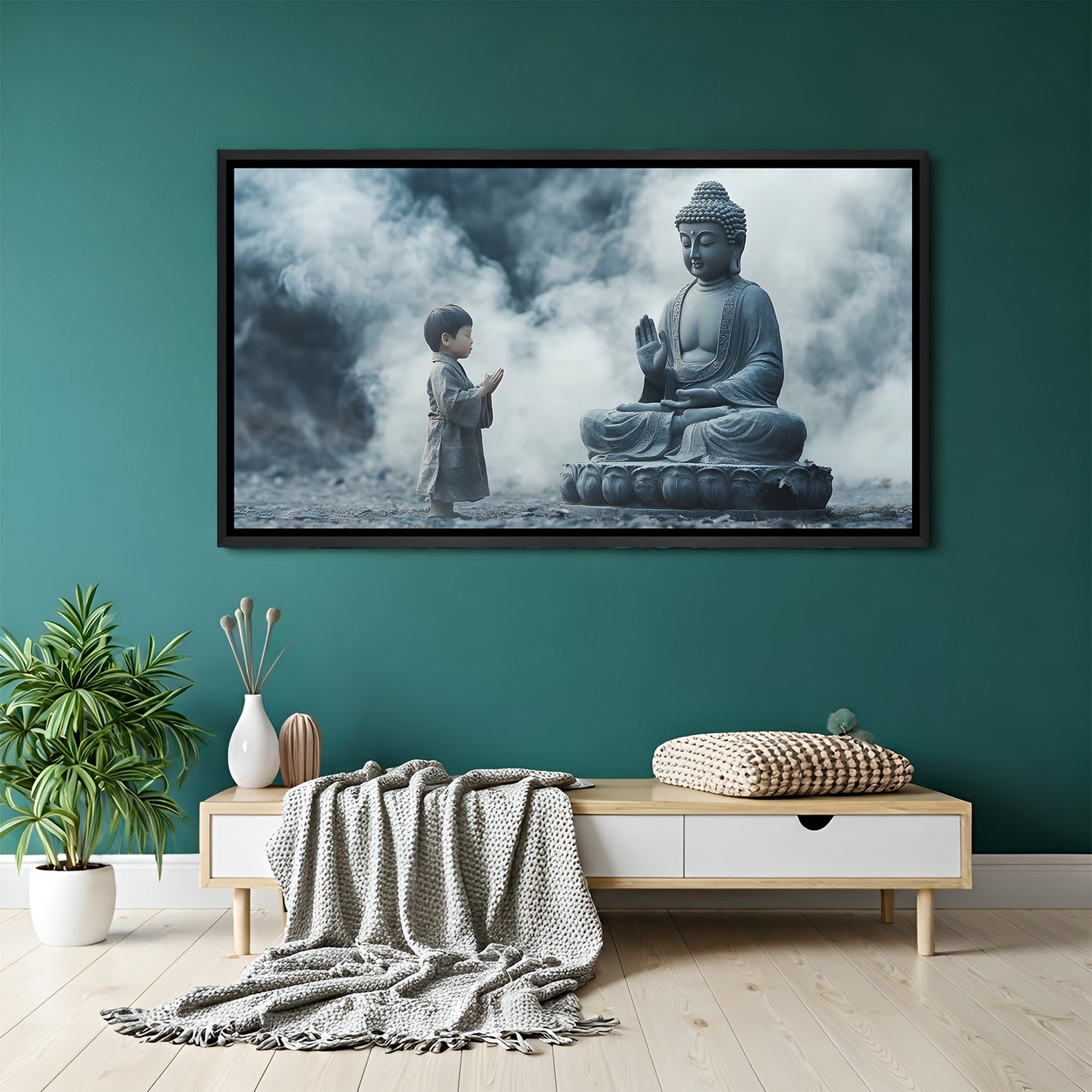 Spiritual Buddha artwork in black floater frame featuring a child in prayer facing a serene Buddha in a foggy setting.