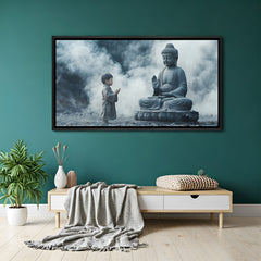 Spiritual Buddha artwork in black floater frame featuring a child in prayer facing a serene Buddha in a foggy setting.
