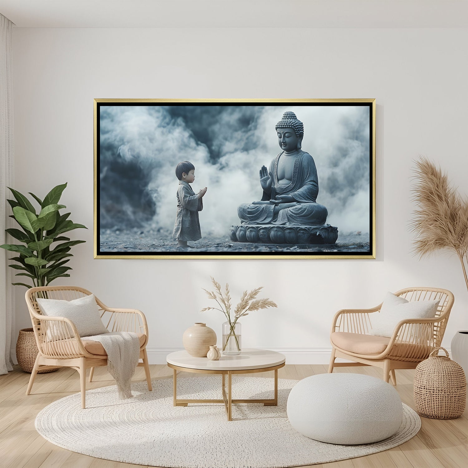 Elegant Buddha and child spiritual wall art in gold floater frame with calming grey tones and meditative atmosphere.