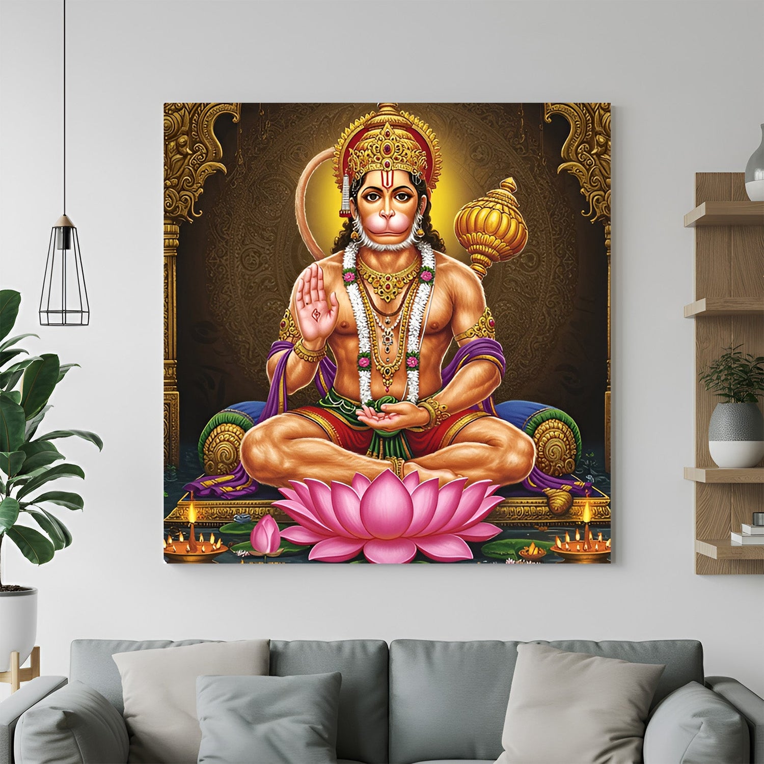 Sacred Hanuman Ji canvas painting for spiritual home wall art and Vastu-based protection and strength