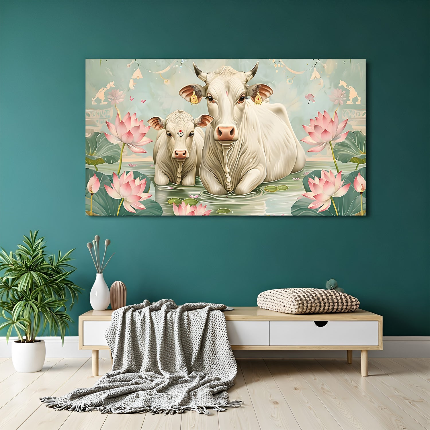 Panoramic Pichwai Kamdhenu cow and calf wall art with pink lotus flowers and serene pastel background.