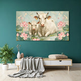 Panoramic Pichwai Kamdhenu cow and calf wall art with pink lotus flowers and serene pastel background.
