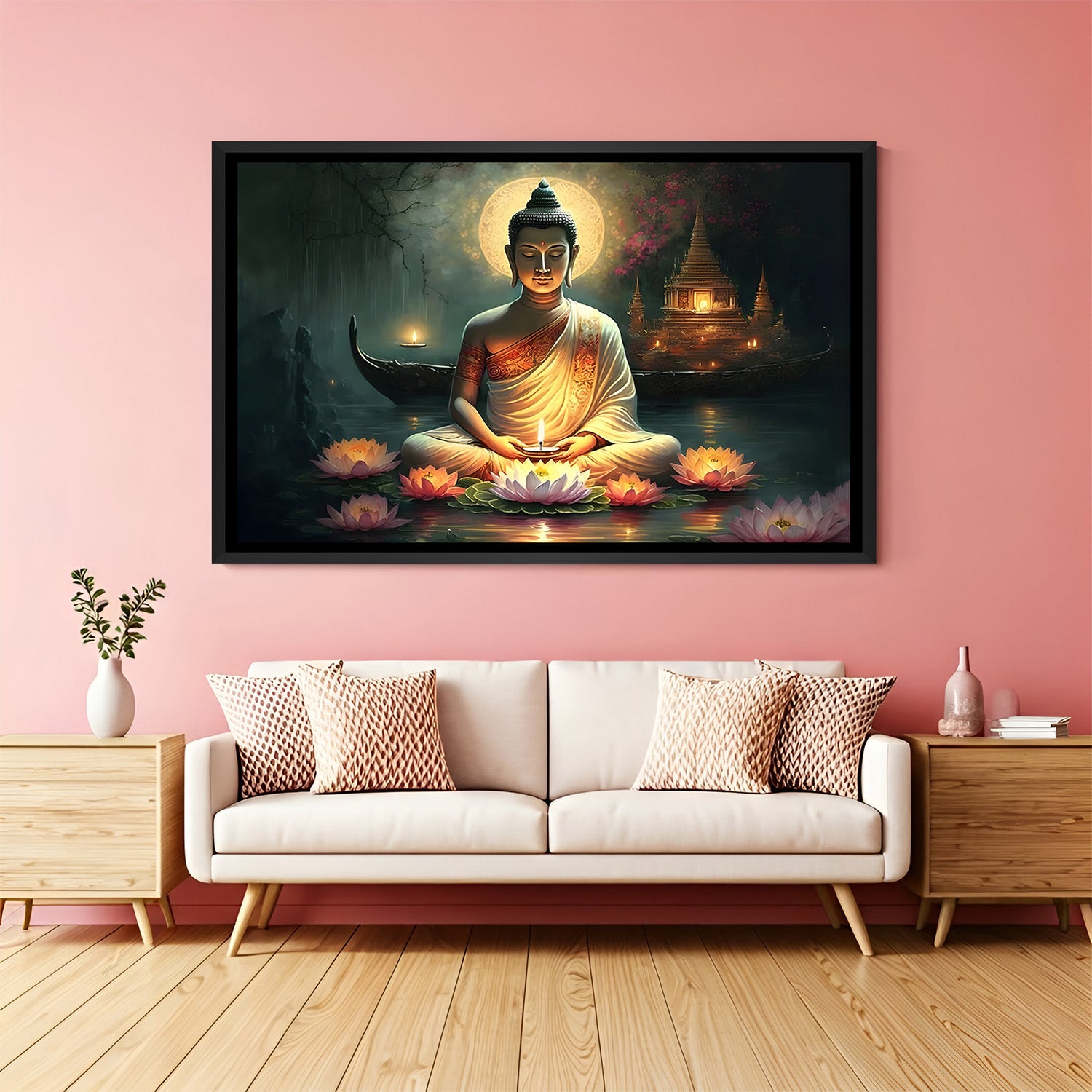Sacred Lotus Buddha spiritual canvas artwork in premium black floater frame