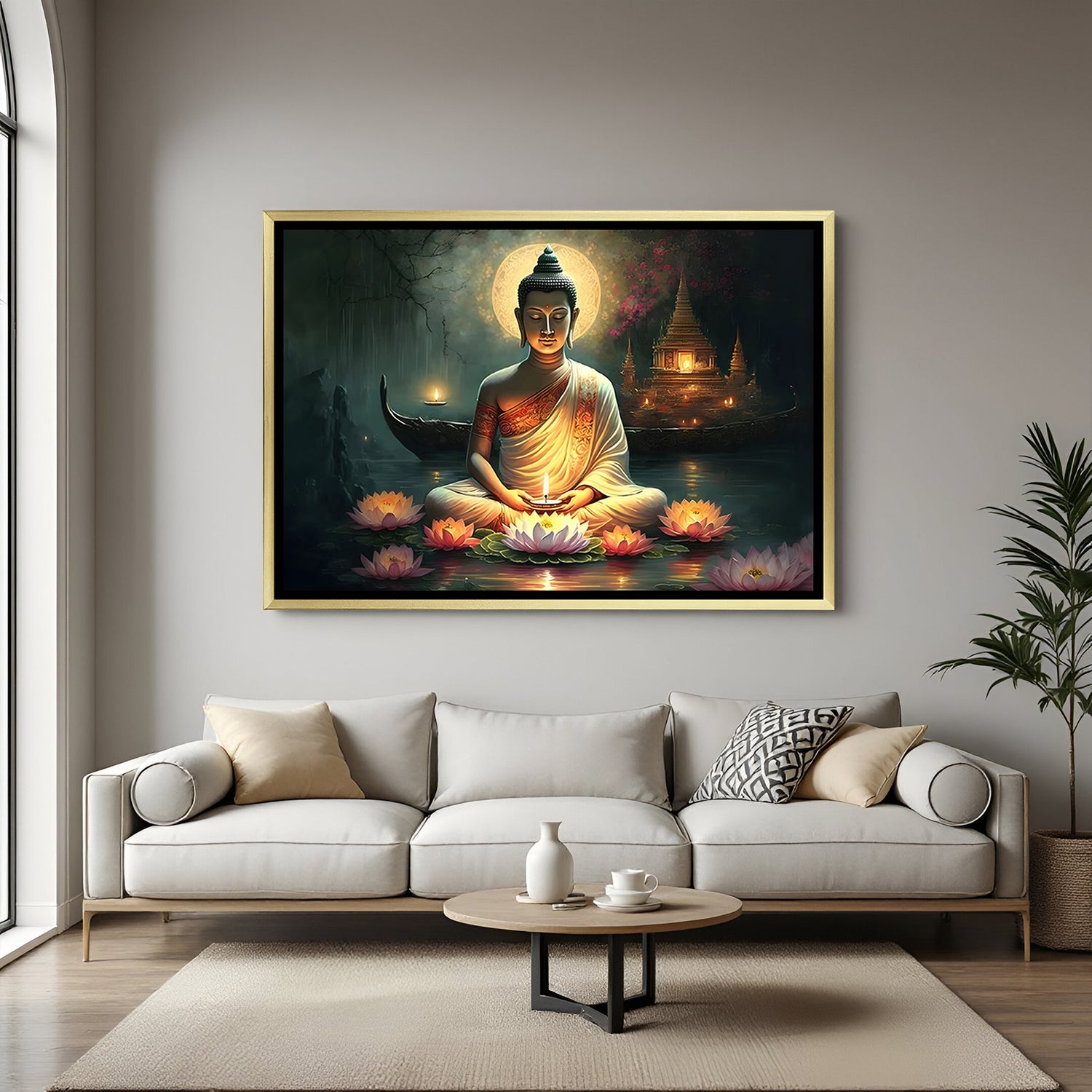 Sacred Lotus Buddha wall art in luxury golden floater frame with temple meditation design