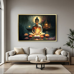 Sacred Lotus Buddha wall art in luxury golden floater frame with temple meditation design