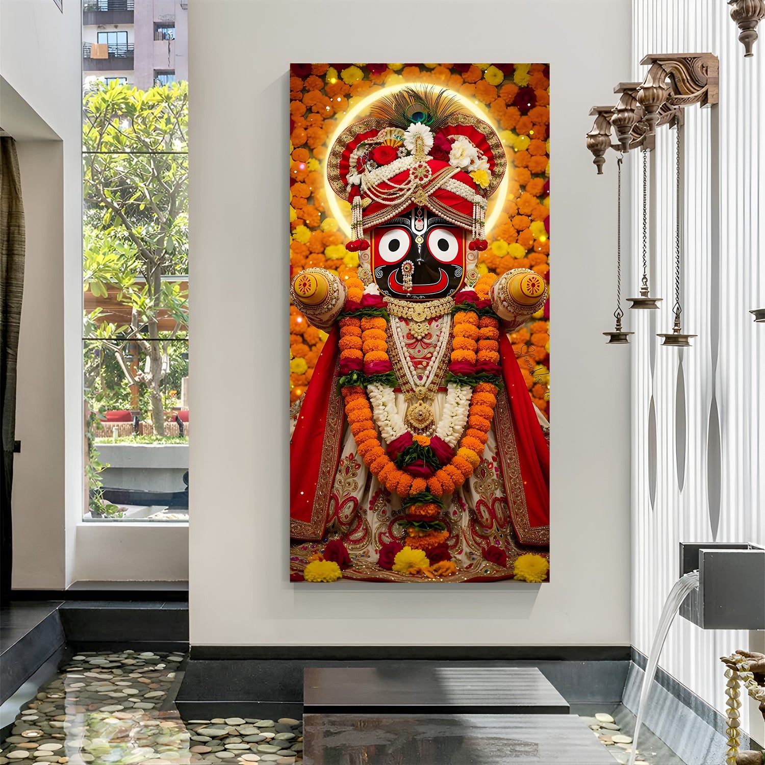 Canvas wrapped vertical portrait of Lord Jagannath adorned with marigold garlands, pearl jewelry, and golden halo backdrop.