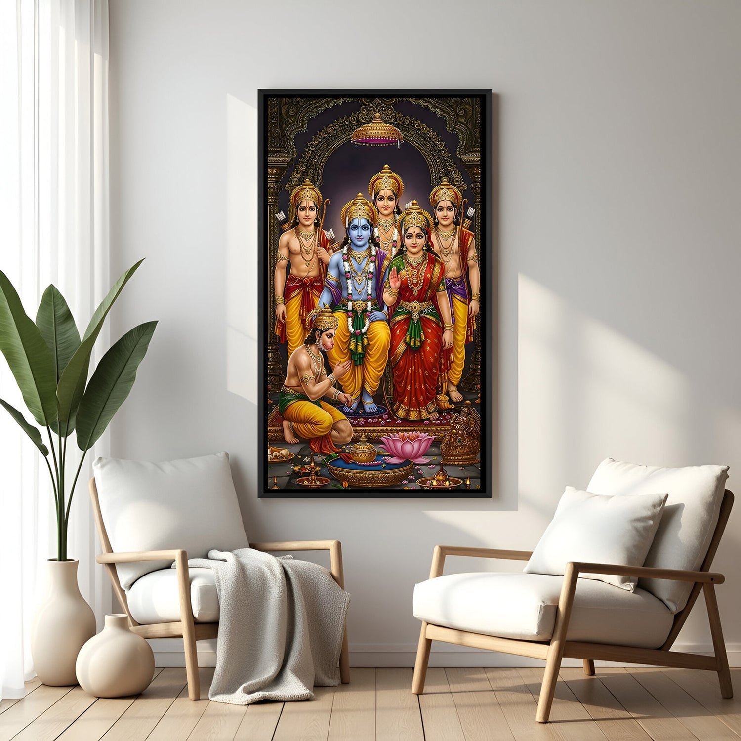 Ornate Ram Darbar devotional artwork in elegant black floater frame with Rama Sita Lakshmana and Hanuman