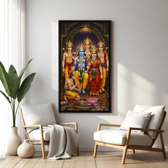 Ornate Ram Darbar devotional artwork in elegant black floater frame with Rama Sita Lakshmana and Hanuman