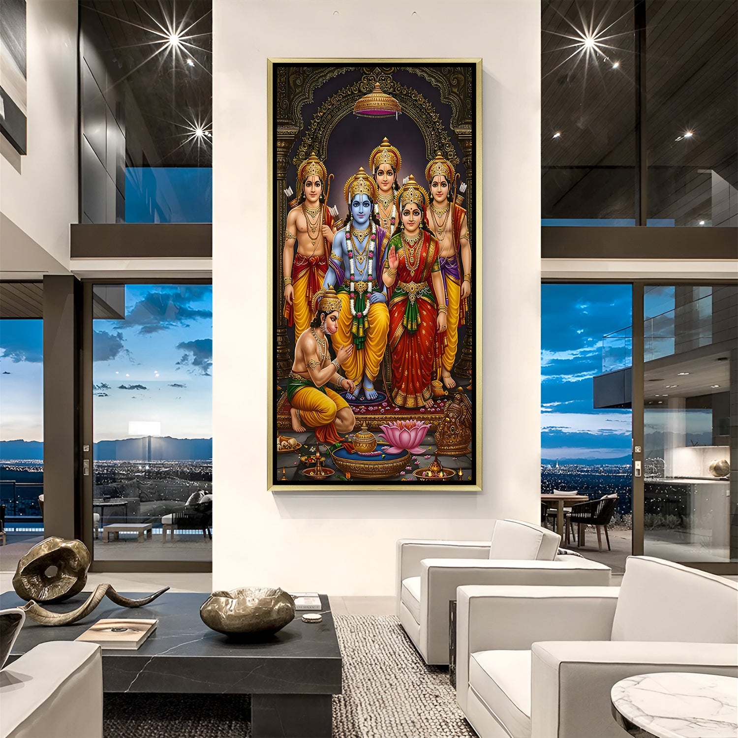Divine Ram Darbar canvas painting in luxurious golden floater frame featuring Lord Rama and his sacred court