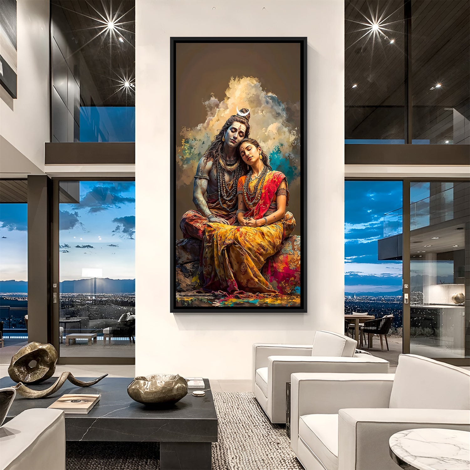 Shiva Parvati devotional wall art in black floater frame featuring spiritual couple artwork for living room decor