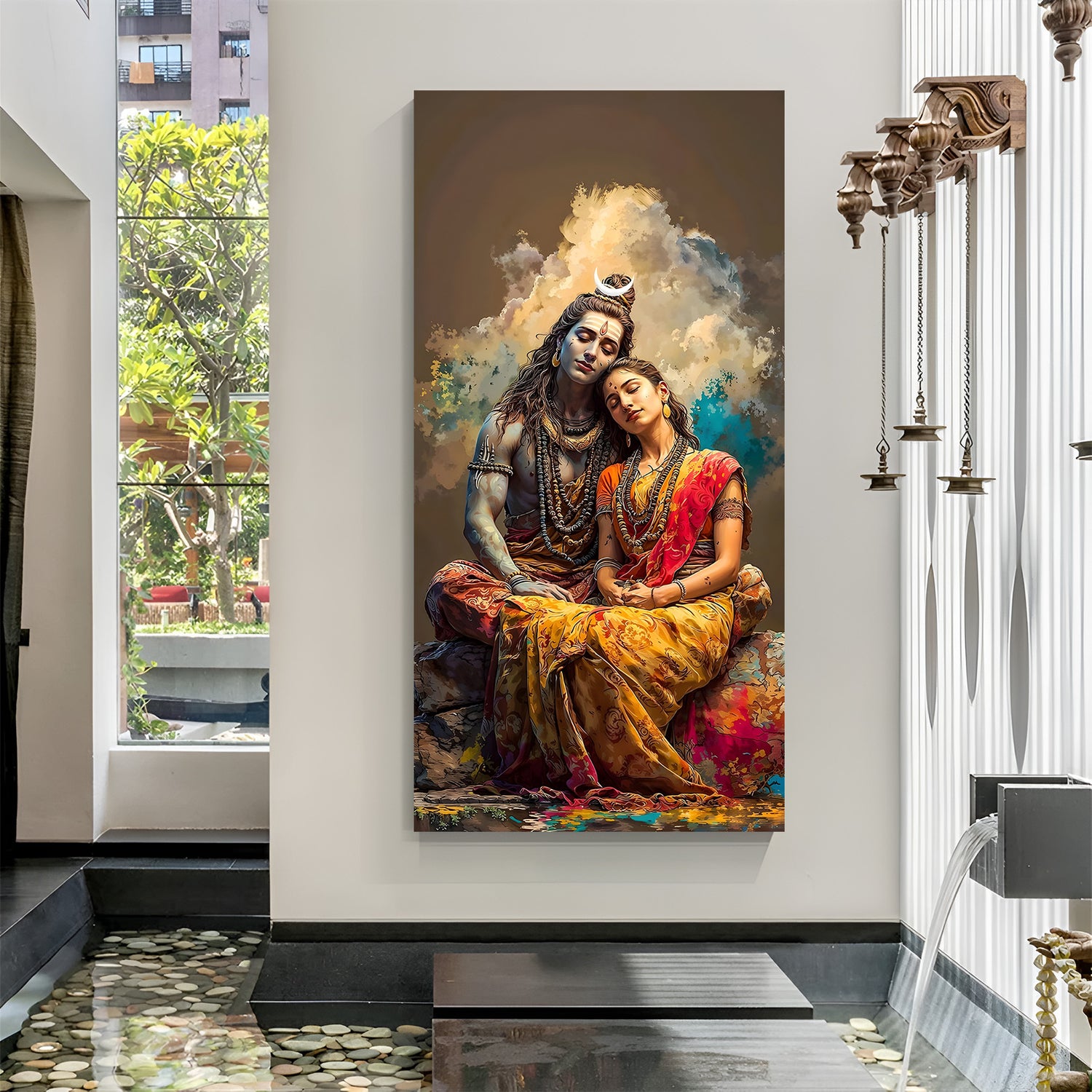 Vertical Shiva Parvati canvas wall art showing divine couple seated together with detailed red saree and blue-toned Shiva against soft cloud background