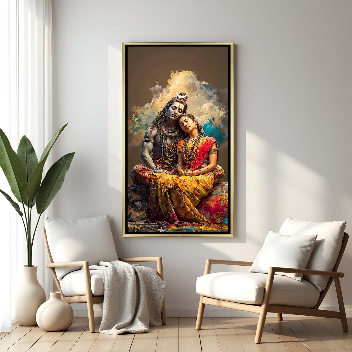 Luxury Shiva Parvati canvas wall art in golden floater frame with divine couple painting for meditation room