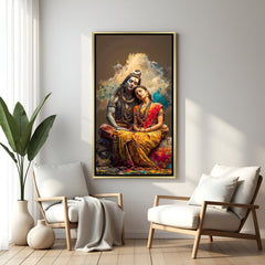 Luxury Shiva Parvati canvas wall art in golden floater frame with divine couple painting for meditation room