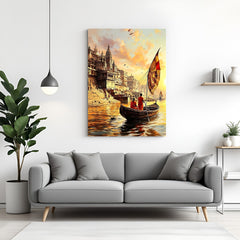 Varanasi boat sunset canvas wall art with temple ghats and saffron monks