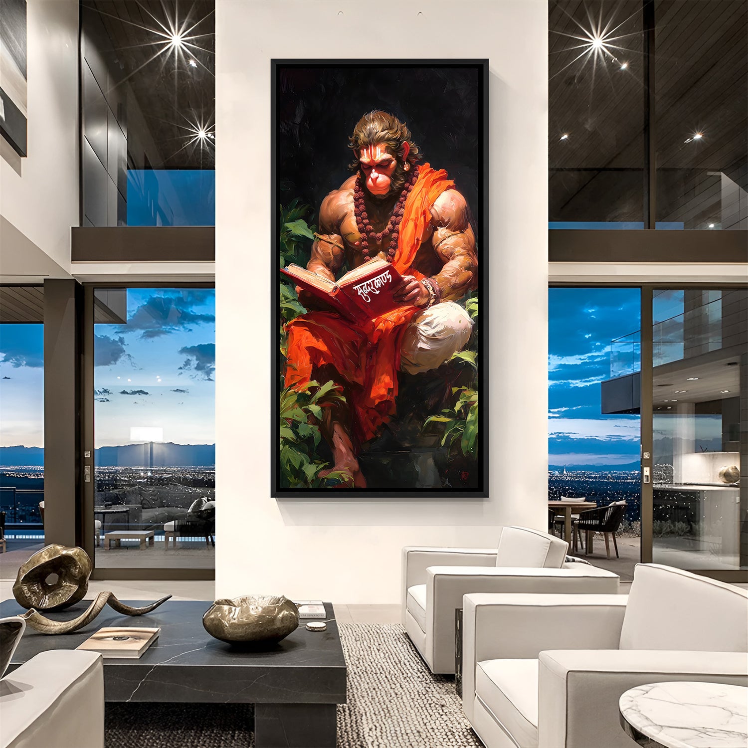 Hanuman Ji reading sacred book artwork in elegant black frame.