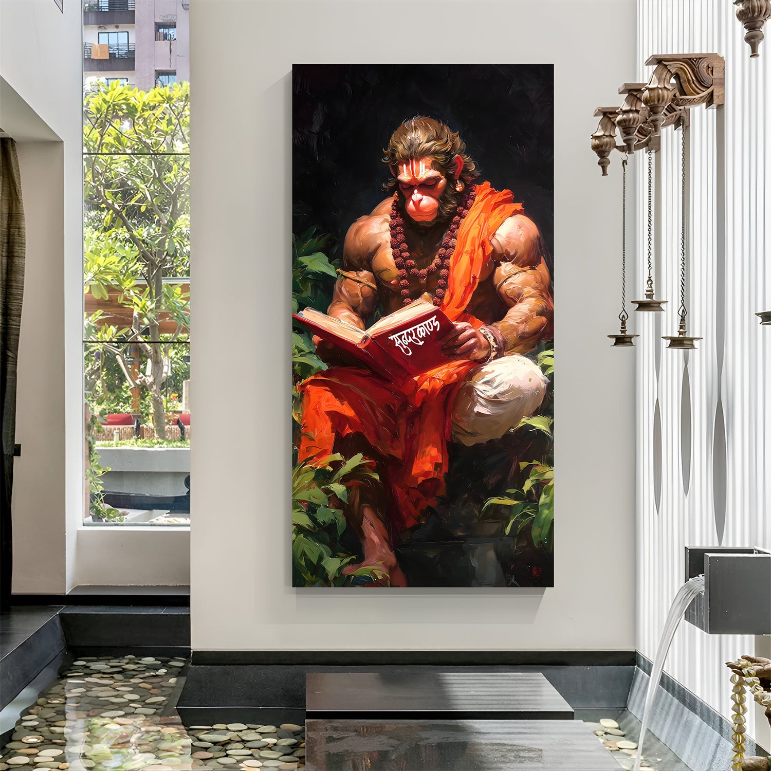Vertical Hanuman Ji reading scripture wall art in dramatic lighting.