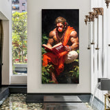 Vertical Hanuman Ji reading scripture wall art in dramatic lighting.