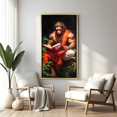 Spiritual Hanuman Ji scripture wall art in premium gold frame.