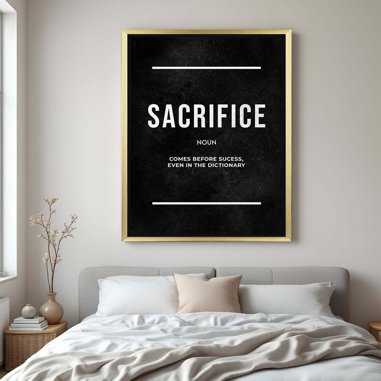 Sacrifice comes before success motivational canvas wall art with golden floater frame