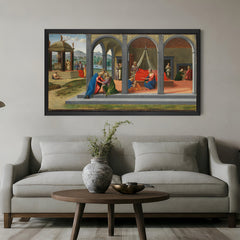 Black-framed vintage religious canvas depicting Saint John’s life—spiritual wall art in historical style