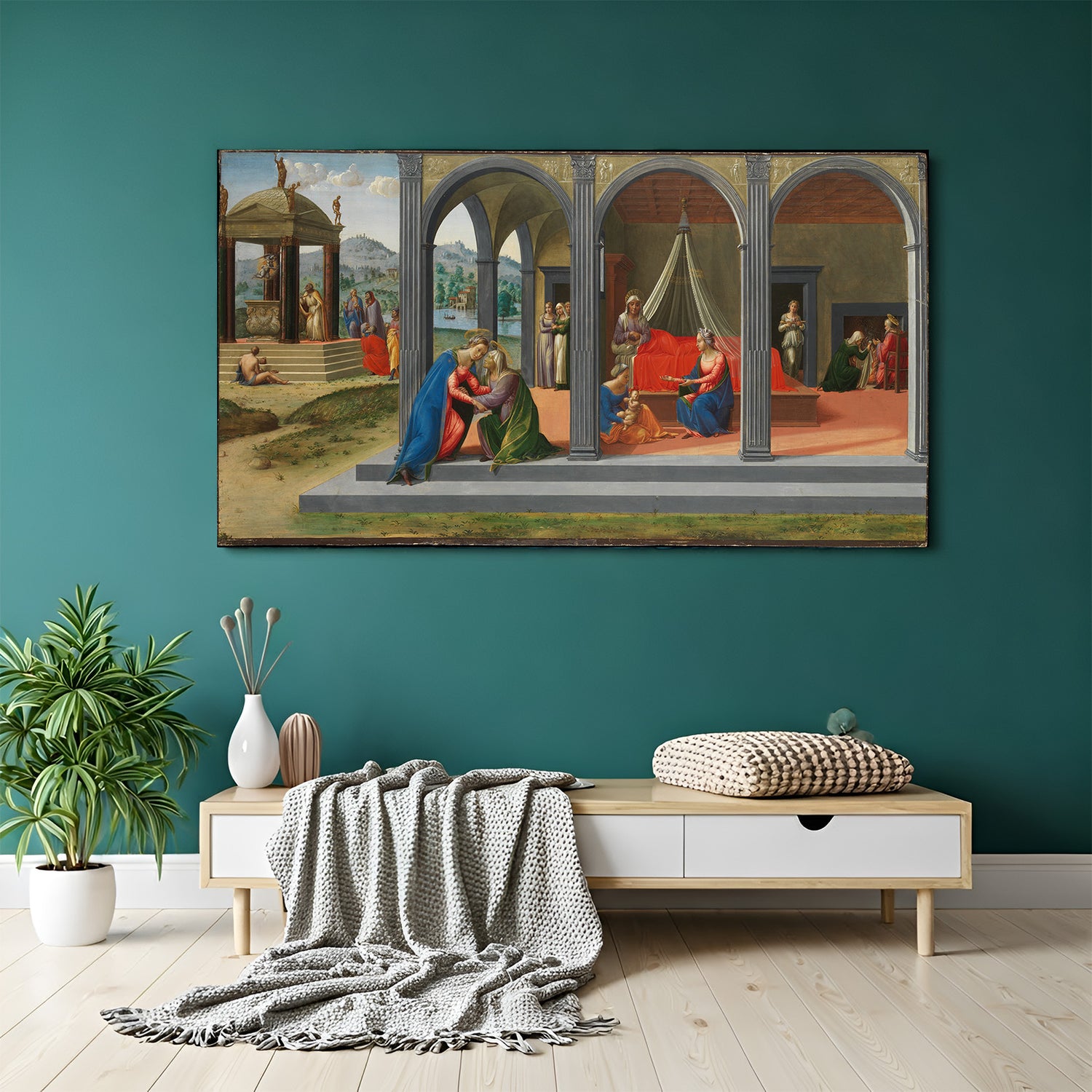 Vintage wall art showing scenes from Saint John the Baptist’s life—religious classical painting with aged texture