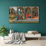 Vintage wall art showing scenes from Saint John the Baptist’s life—religious classical painting with aged texture