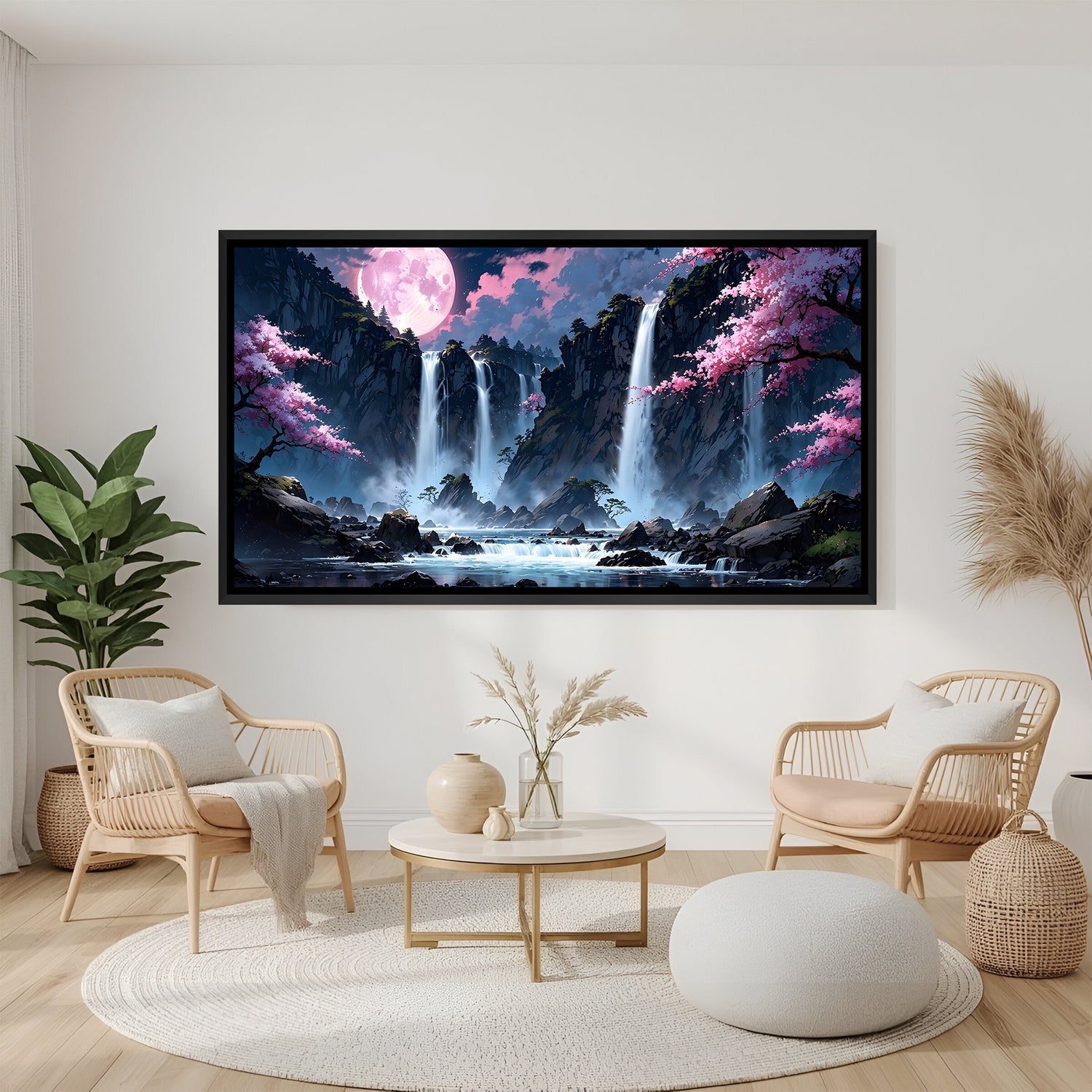 Dreamlike waterfall landscape with blooming sakura trees and pink moon in elegant black floater frame