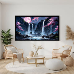 Dreamlike waterfall landscape with blooming sakura trees and pink moon in elegant black floater frame