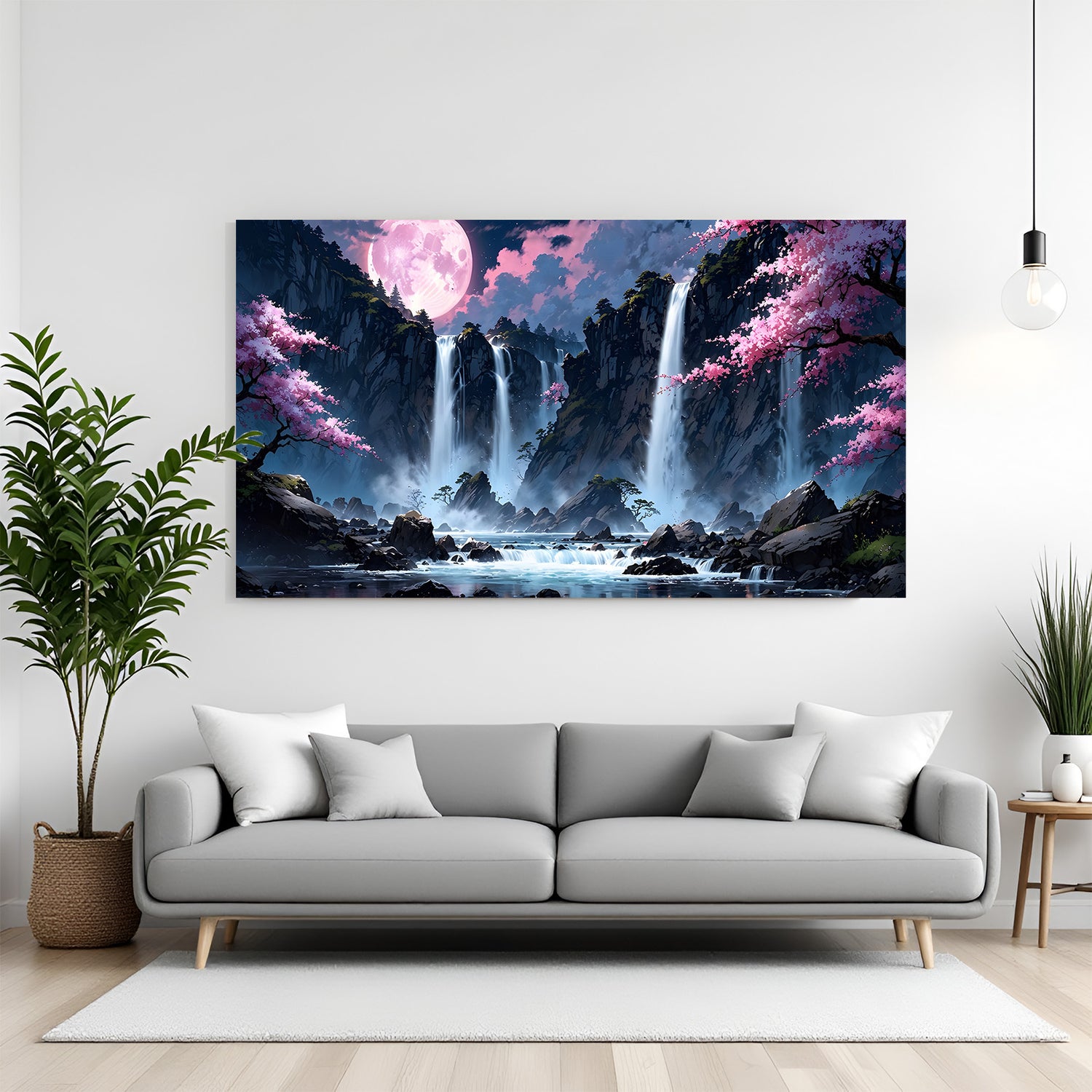 Serene waterfalls cascading down rocky cliffs with cherry blossom trees and a pink moon in premium canvas wrapped frame