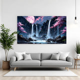 Serene waterfalls cascading down rocky cliffs with cherry blossom trees and a pink moon in premium canvas wrapped frame