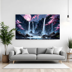 Serene waterfalls cascading down rocky cliffs with cherry blossom trees and a pink moon in premium canvas wrapped frame