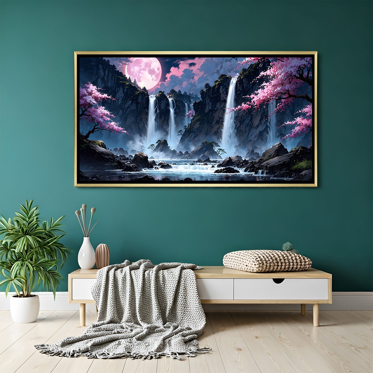 Cherry blossom waterfall painting under a glowing pink moon in luxurious golden floater frame