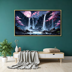 Cherry blossom waterfall painting under a glowing pink moon in luxurious golden floater frame