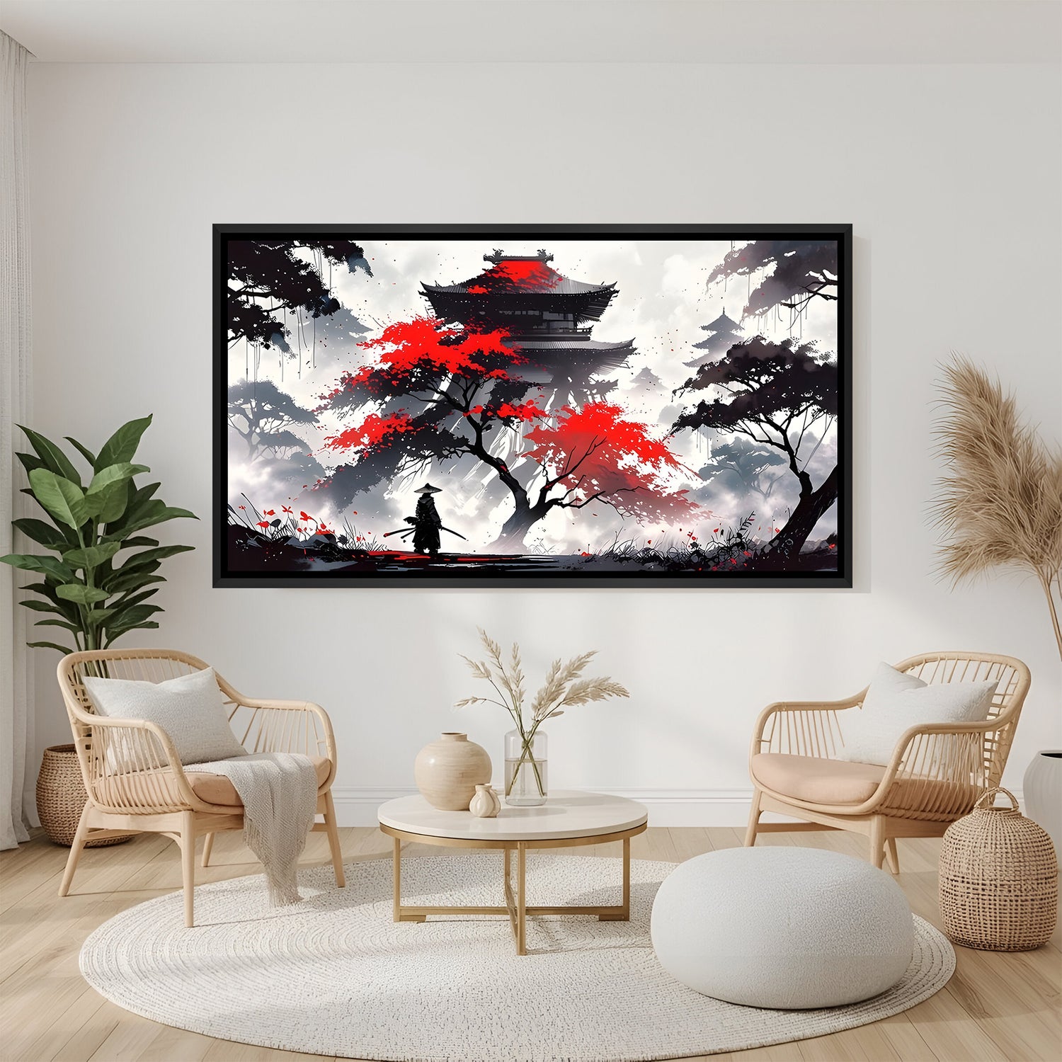 Japanese style home and samurai artwork in elegant black floater frame with modern artistic detailing
