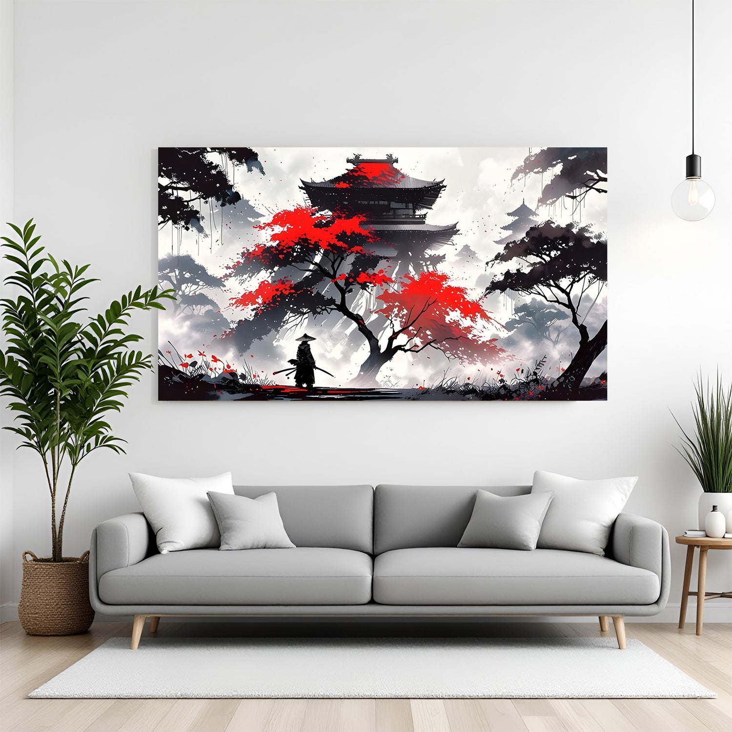Samurai Serenity Japanese Heritage canvas wall decor featuring a traditional Japanese house and samurai in premium canvas wrapped frame