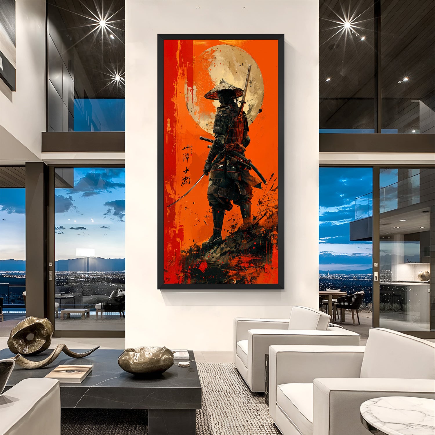 Framed canvas of a Samurai warrior in black floater frame, ideal for strong modern interiors inspired by Japanese martial art themes and bold artistic depth