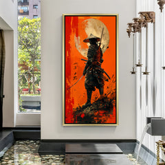 Golden-framed Samurai modern art canvas featuring warrior in full armor, perfect for premium decor focused on courage, strength, and tradition