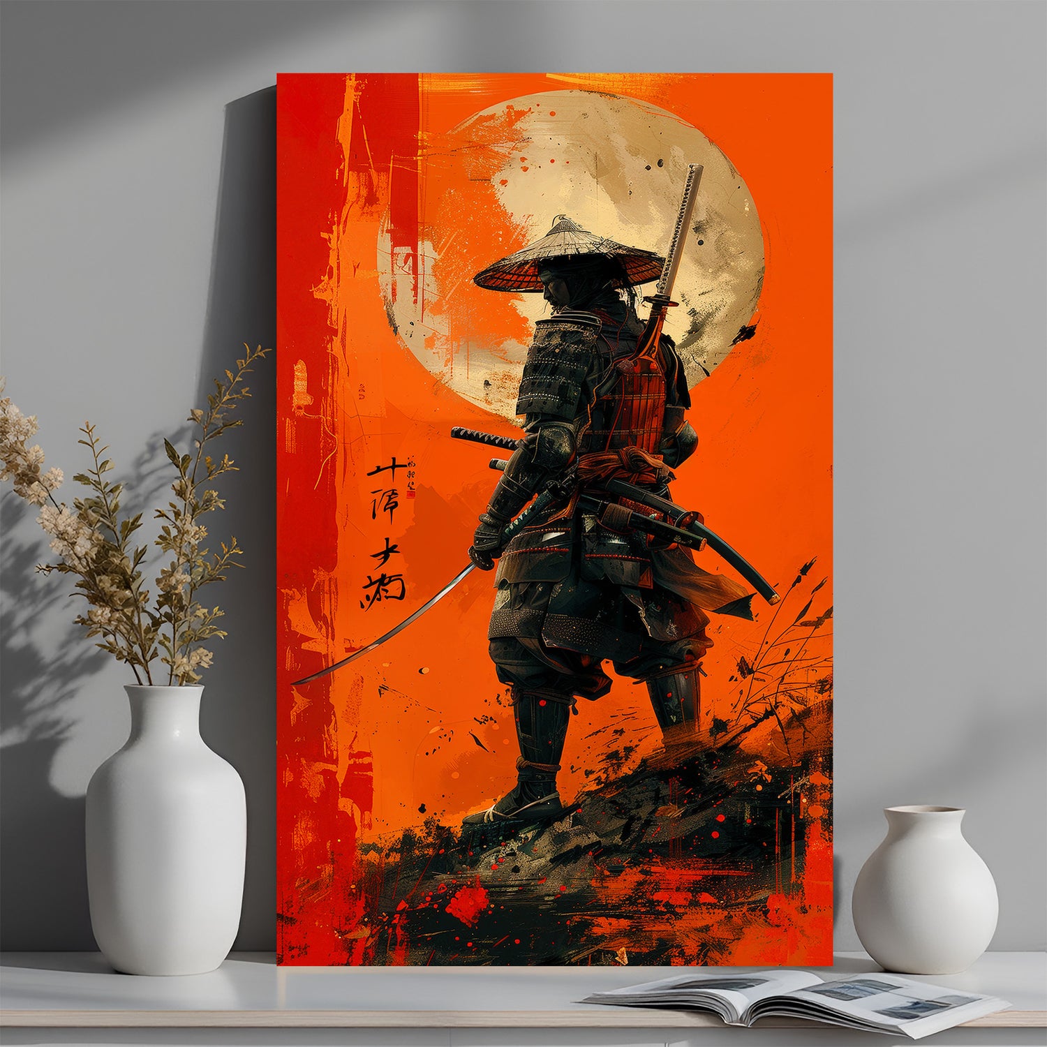 Modern art canvas of a fierce Samurai warrior in painted style, showcasing armor, motion, and spirit—perfect for powerful, cultural wall decor