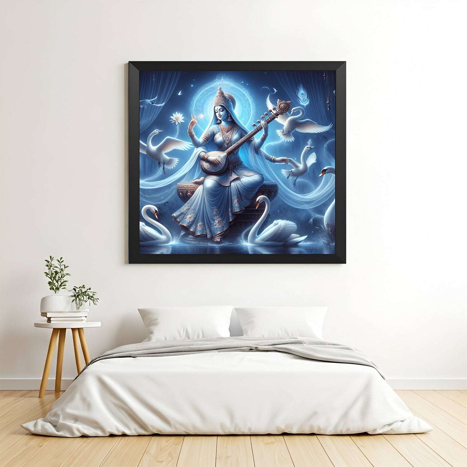 Black frame Maa Saraswati artwork bringing intellectual clarity and vastu harmony to learning areas and spiritual workspaces