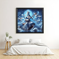 Black frame Maa Saraswati artwork bringing intellectual clarity and vastu harmony to learning areas and spiritual workspaces
