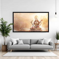 Radiant Saraswati veena artwork in modern black floater frame for elegant interiors.