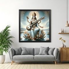Black floater frame Saraswati Maa canvas wall art for home and office, perfect for Vastu decor promoting knowledge and spiritual focus