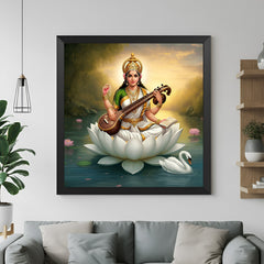 Black floater frame Saraswati painting for study room and Vastu-aligned intellectual energy flow